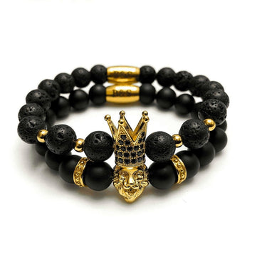 Man Bracelet - Men’s Beaded Bracelets - Gold Crowned Lion Set - gold bracelet for man Bracelet XS (14-15cm) Brother & Sisters